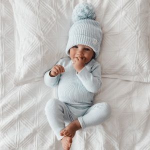 Knit baby blue newborn set - bodysuit, leggings, beanie